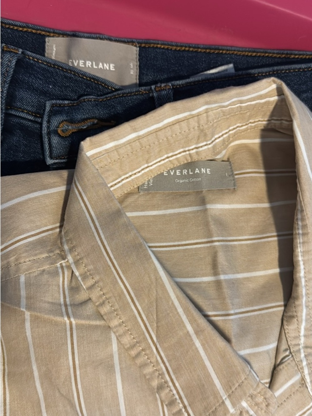 Everlane Beige Striped Shirt with Dark Blue Jeans